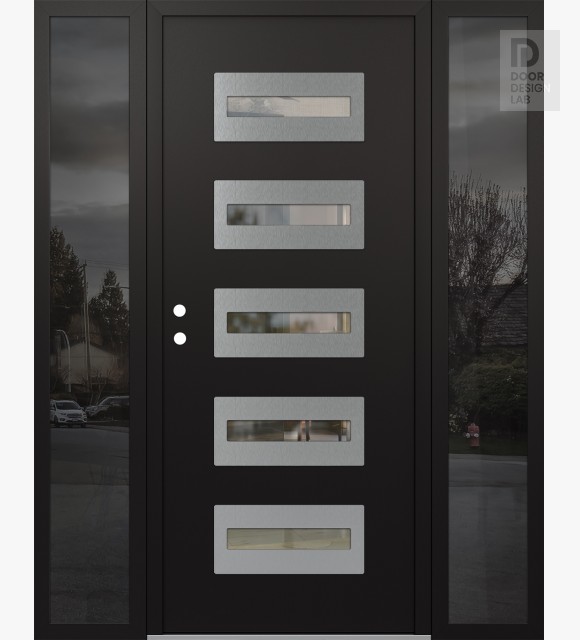 Modern Steel Front Door Diamond D4 68" x 80" black/black clear Glass Panel stainless steel RHI with 2 Sidelites mirrored Glass
