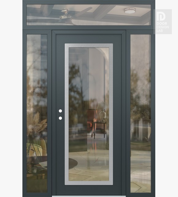 Modern Steel Front Door Diamond C1 64" x 96" anthracite/anthracite clear Glass Panel stainless steel RHI with 2 Sidelites and Transom clear Glass