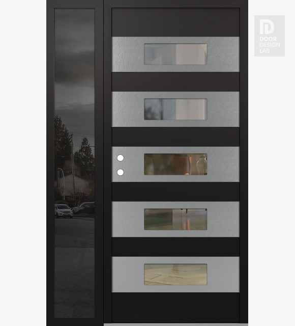 Modern Steel Front Door Diamond D5 52" x 80" black/black clear Glass Panel stainless steel RHI with Sidelite mirrored Glass