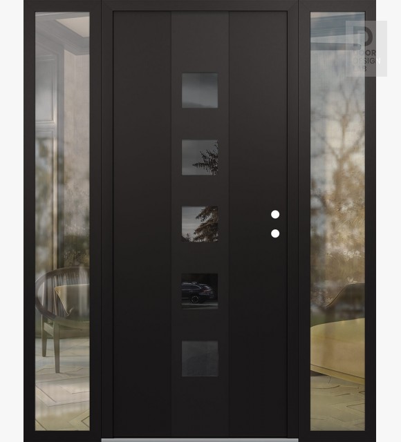 Modern Steel Front Door DIAMOND A13 68" X 80" BLACK/BLACK MIRRORED GLASS PANEL BLACK LHI WITH 2 SIDELITES CLEAR GLASS
