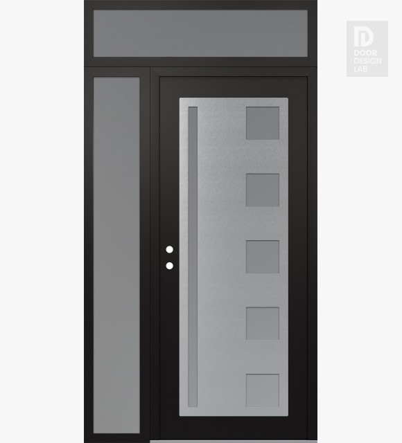 Modern Steel Front Door Diamond C3 52" x 96" black/white frosted Glass Panel stainless steel RHI with Sidelite and Transom frosted Glass
