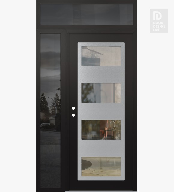 Modern Steel Front Door Diamond C2 48" x 96" black/black clear Glass Panel stainless steel RHI with Sidelite and Transom mirrored Glass