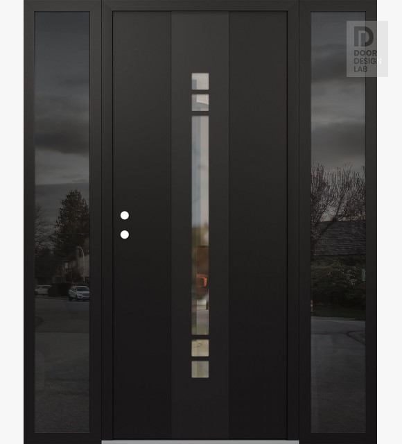 Modern Steel Front Door DIAMOND A4 64" X 80" BLACK/BLACK CLEAR GLASS PANEL BLACK RHI WITH 2 SIDELITES MIRRORED GLASS