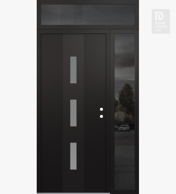 Modern Steel Front Door DIAMOND A7 52" X 96" BLACK/WHITE FROSTED GLASS PANEL BLACK LHI WITH SIDELITE AND TRANSOM MIRRORED GLASS