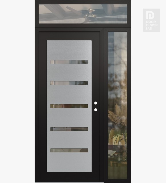 Modern Steel Front Door Diamond C7 50" x 96" black/black clear Glass Panel stainless steel LHI with Sidelite and Transom clear Glass