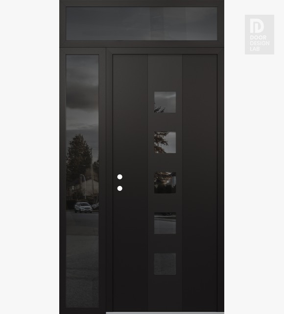 Modern Steel Front Door DIAMOND A13 48" X 96" BLACK/BLACK MIRRORED GLASS PANEL BLACK RHI WITH SIDELITE AND TRANSOM MIRRORED GLASS