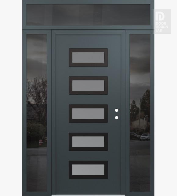 Modern Steel Front Door Diamond D1 64" x 96" anthracite/anthracite frosted Glass Panel black LHI with 2 Sidelites and Transom mirrored Glass