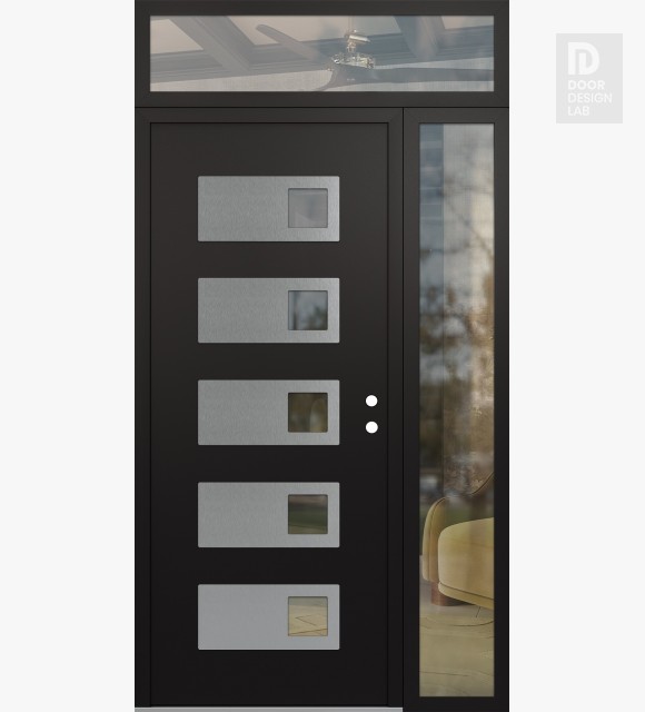 Modern Steel Front Door Diamond D2 52" x 96" black/black clear Glass Panel stainless steel LHI with Sidelite and Transom clear Glass