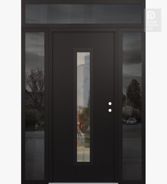Modern Steel Front Door DIAMOND A11 68" X 96" BLACK/BLACK CLEAR GLASS PANEL BLACK LHI WITH 2 SIDELITES AND TRANSOM MIRRORED GLASS