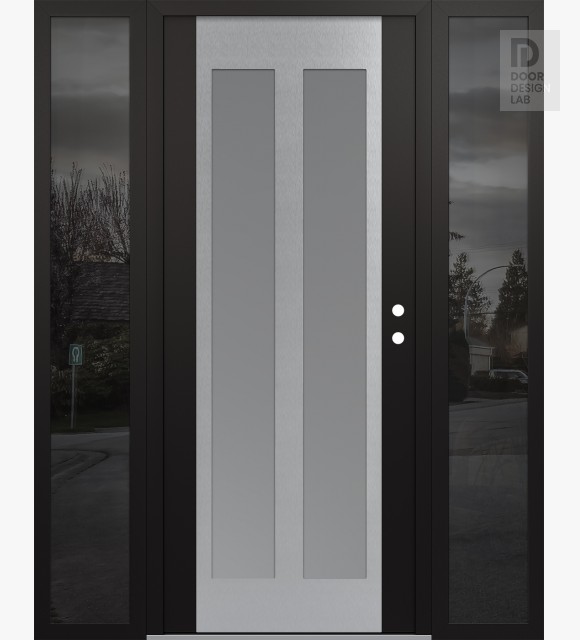 Modern Steel Front Door Diamond C14 60" x 80" black/white frosted Glass Panel stainless steel LHI with 2 Sidelites mirrored Glass