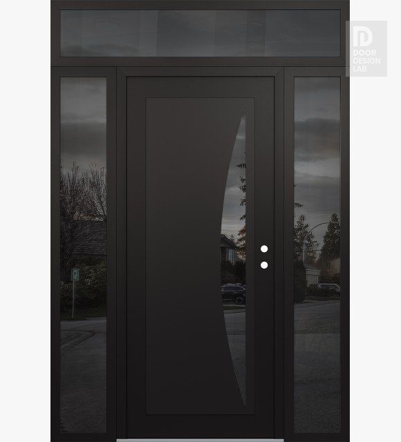 Modern Steel Front Door Diamond C13 64" x 96" black/black mirrored Glass Panel black LHI with 2 Sidelites and Transom mirrored Glass