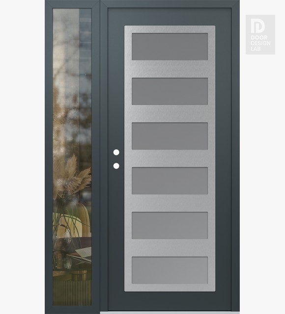 Modern Steel Front Door Diamond C9 52" x 80" anthracite/anthracite frosted Glass Panel stainless steel RHI with Sidelite clear Glass