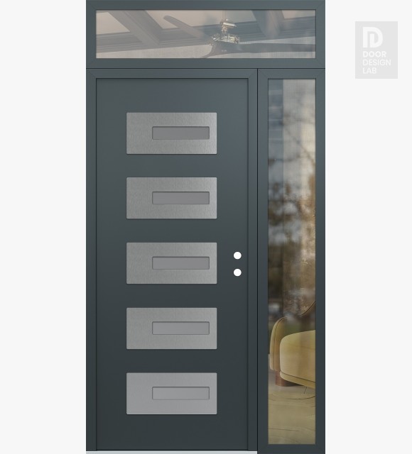 Modern Steel Front Door Diamond D6 48" x 96" anthracite/anthracite frosted Glass Panel stainless steel LHI with Sidelite and Transom clear Glass