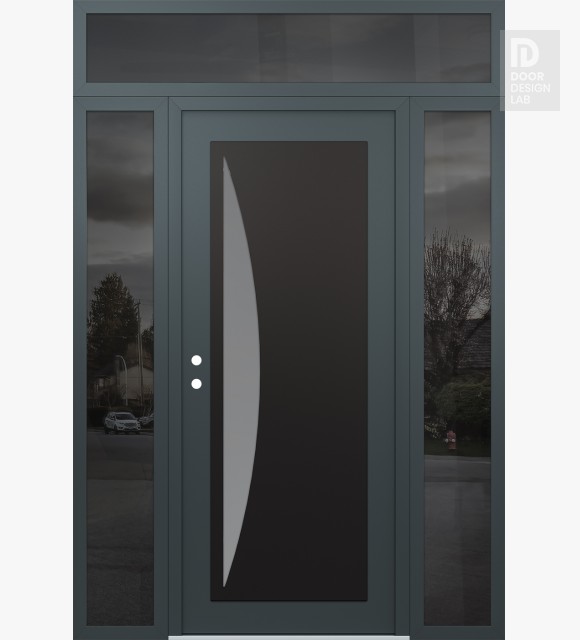 Modern Steel Front Door Diamond C13 64" x 96" anthracite/anthracite frosted Glass Panel black RHI with 2 Sidelites and Transom mirrored Glass