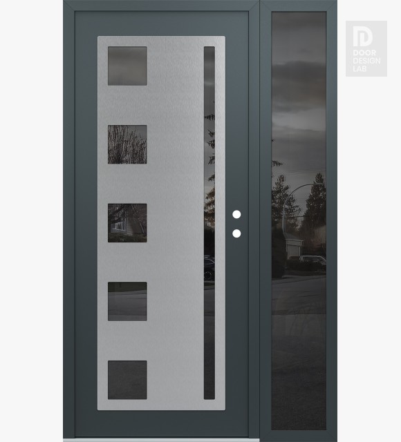 Modern Steel Front Door Diamond C3 52" x 80" anthracite/anthracite mirrored Glass Panel stainless steel LHI with Sidelite mirrored Glass