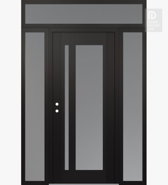 Modern Steel Front Door Diamond C15 64" x 96" black/white frosted Glass Panel black RHI with 2 Sidelites and Transom frosted Glass