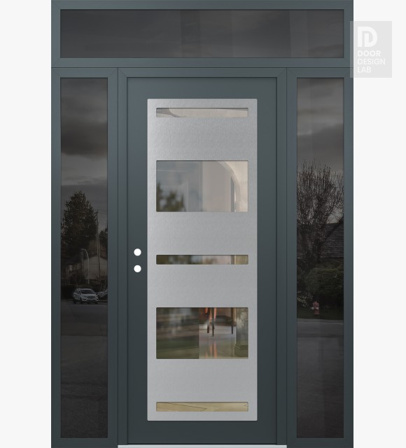 Modern Steel Front Door Diamond C10 64" x 96" anthracite/anthracite clear Glass Panel stainless steel RHI with 2 Sidelites and Transom mirrored Glass