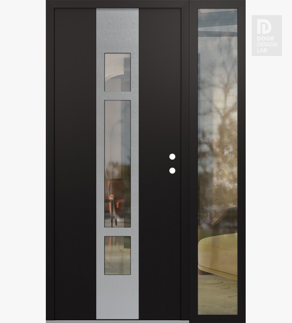 Modern Steel Front Door DIAMOND A9 52" X 80" BLACK/BLACK CLEAR GLASS PANEL STAINLESS STEEL LHI WITH SIDELITE CLEAR GLASS