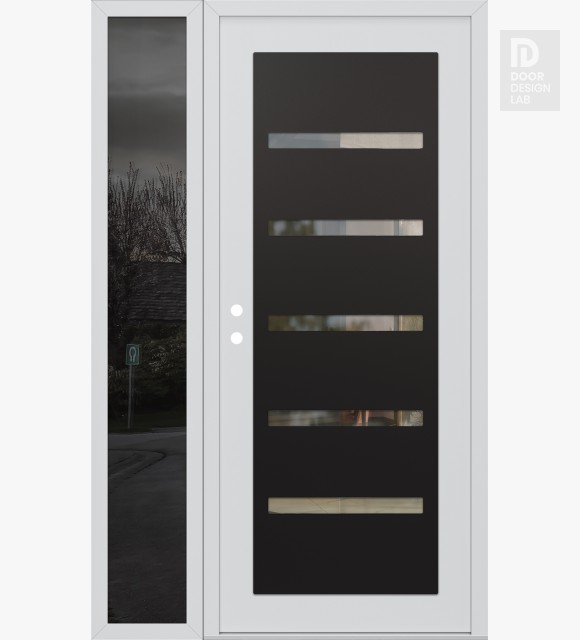 Modern Steel Front Door Diamond C7 50" x 80" white/white clear Glass Panel black RHI with Sidelite mirrored Glass