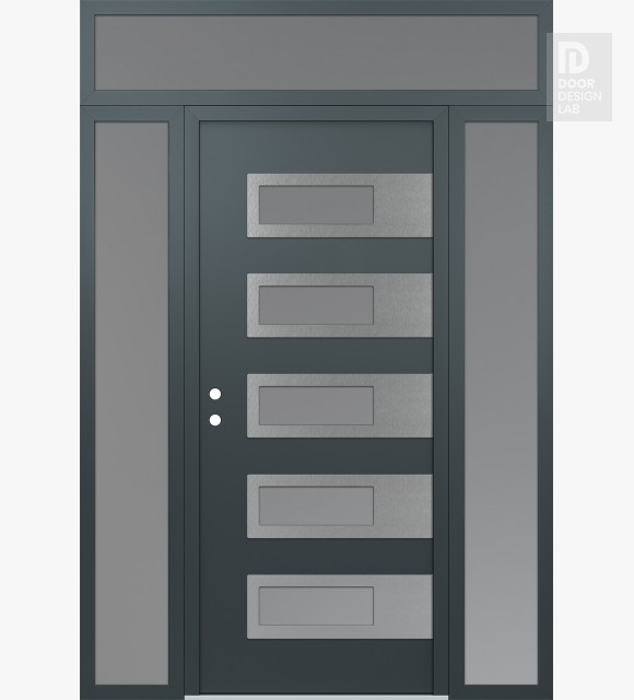 Modern Steel Front Door Diamond D3 64" x 96" anthracite/anthracite frosted Glass Panel stainless steel RHI with 2 Sidelites and Transom frosted Glass