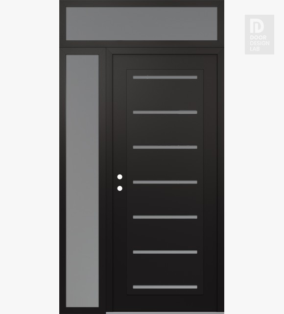 Modern Steel Front Door Diamond C11 52" x 96" black/white frosted Glass Panel black RHI with Sidelite and Transom frosted Glass