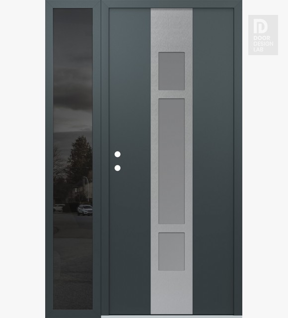 Modern Steel Front Door DIAMOND A9 50" X 80" ANTHRACITE/ANTHRACITE FROSTED GLASS PANEL STAINLESS STEEL RHI WITH SIDELITE MIRRORED GLASS