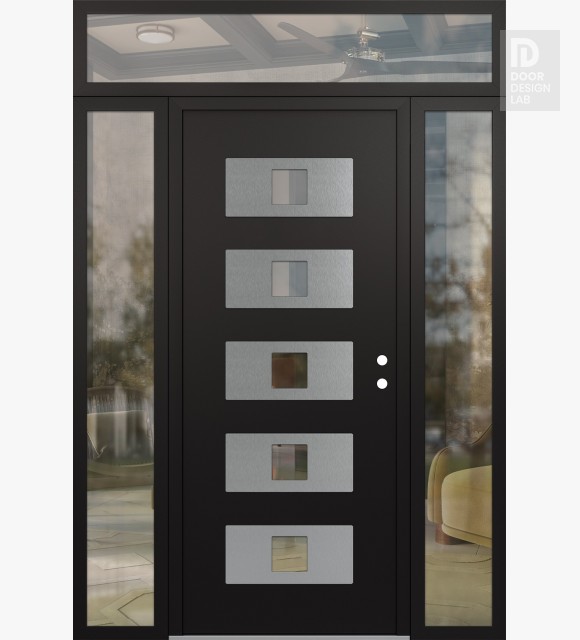 Modern Steel Front Door Diamond D8 60" x 96" black/black clear Glass Panel stainless steel LHI with 2 Sidelites and Transom clear Glass