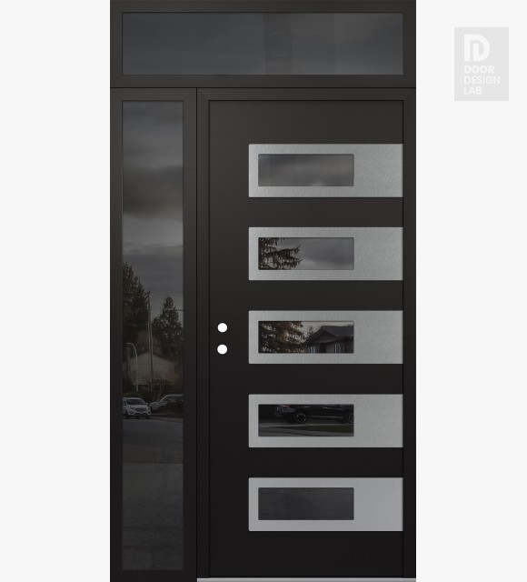 Modern Steel Front Door Diamond D3 52" x 96" black/black mirrored Glass Panel stainless steel RHI with Sidelite and Transom mirrored Glass
