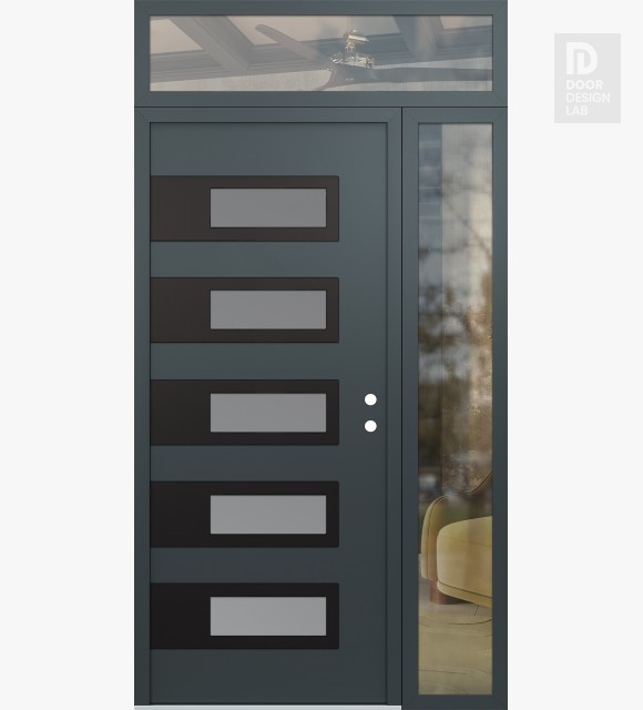 Modern Steel Front Door Diamond D3 48" x 96" anthracite/anthracite frosted Glass Panel black LHI with Sidelite and Transom clear Glass