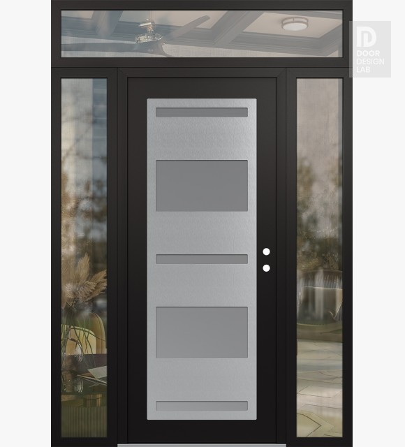 Modern Steel Front Door Diamond C10 68" x 96" black/white frosted Glass Panel stainless steel LHI with 2 Sidelites and Transom clear Glass