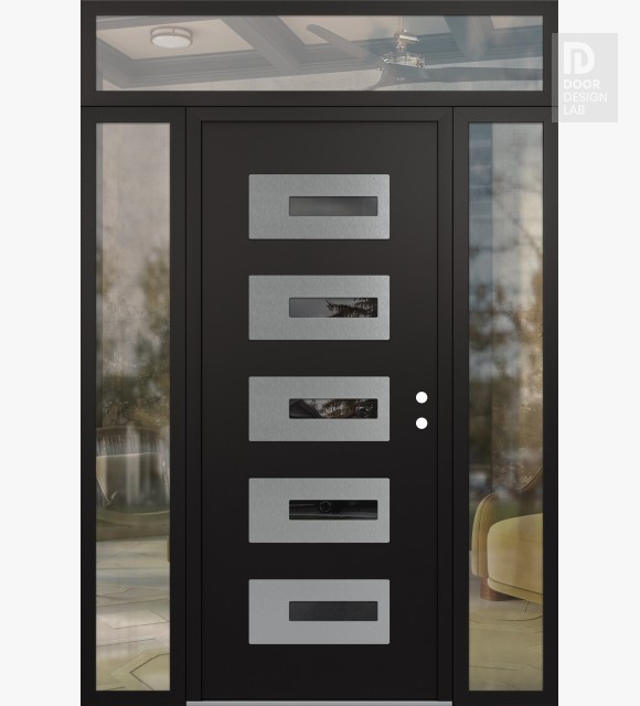 Modern Steel Front Door Diamond D6 60" x 96" black/black mirrored Glass Panel stainless steel LHI with 2 Sidelites and Transom clear Glass