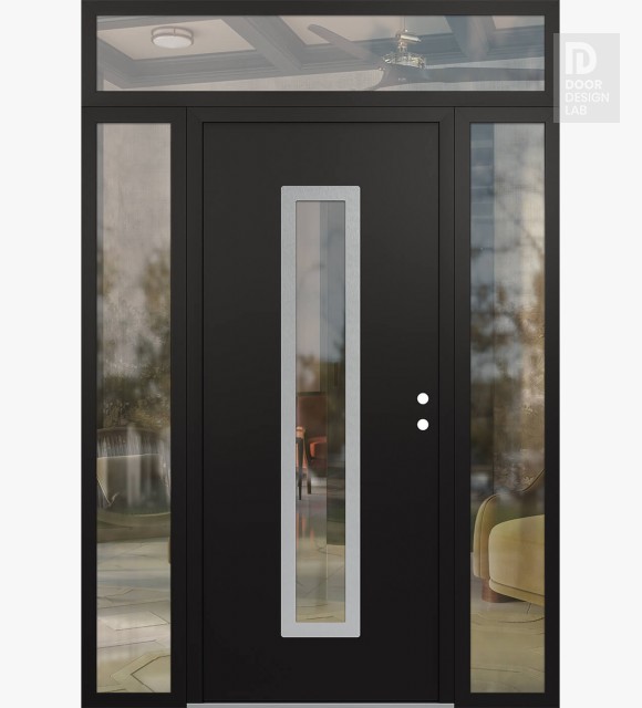 Modern Steel Front Door DIAMOND A11 60" X 96" BLACK/BLACK CLEAR GLASS PANEL STAINLESS STEEL LHI WITH 2 SIDELITES AND TRANSOM CLEAR GLASS