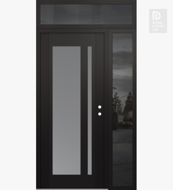 Modern Steel Front Door Diamond C15 50" x 96" black/white frosted Glass Panel black LHI with Sidelite and Transom mirrored Glass