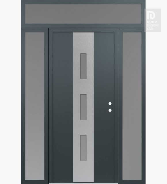 Modern Steel Front Door DIAMOND A7 68" X 96" ANTHRACITE/ANTHRACITE FROSTED GLASS PANEL STAINLESS STEEL LHI WITH 2 SIDELITES AND TRANSOM FROSTED GLASS