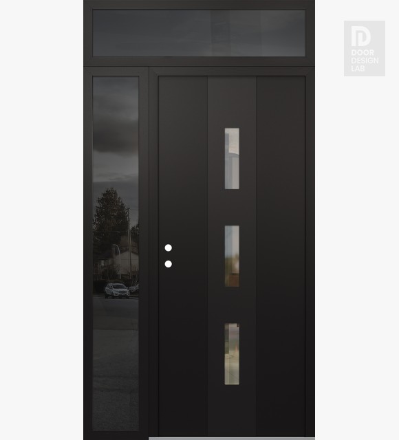 Modern Steel Front Door DIAMOND A7 50" X 96" BLACK/BLACK CLEAR GLASS PANEL BLACK RHI WITH SIDELITE AND TRANSOM MIRRORED GLASS