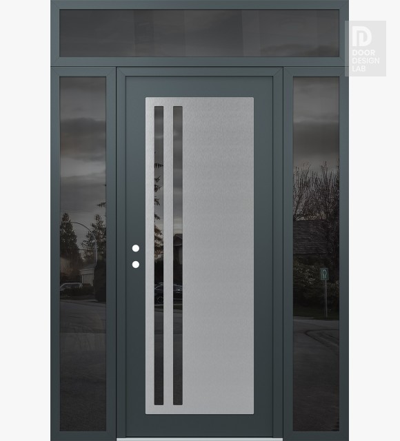 Modern Steel Front Door Diamond C6 60" x 96" anthracite/anthracite mirrored Glass Panel stainless steel RHI with 2 Sidelites and Transom mirrored Glass