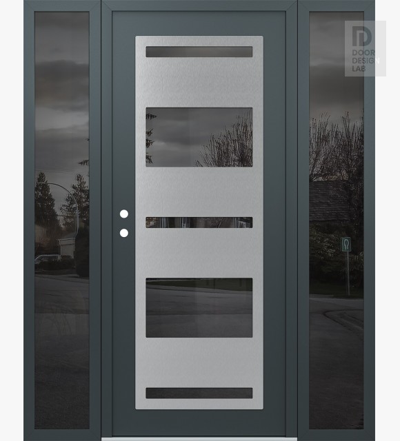 Modern Steel Front Door Diamond C10 60" x 80" anthracite/anthracite mirrored Glass Panel stainless steel RHI with 2 Sidelites mirrored Glass