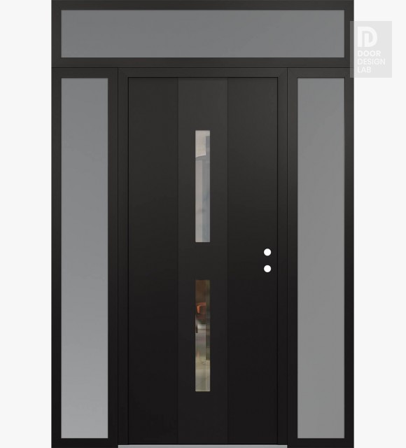 Modern Steel Front Door DIAMOND A6 64" X 96" BLACK/BLACK CLEAR GLASS PANEL BLACK LHI WITH 2 SIDELITES AND TRANSOM FROSTED GLASS