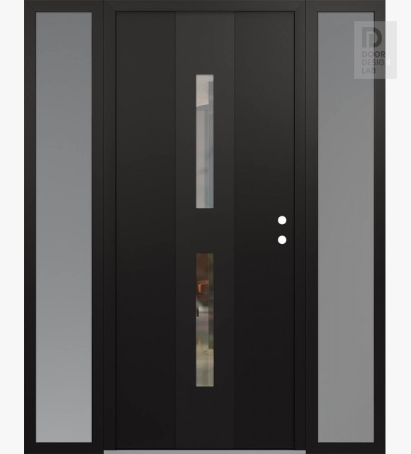Modern Steel Front Door DIAMOND A6 68" X 80" BLACK/BLACK CLEAR GLASS PANEL BLACK LHI WITH 2 SIDELITES FROSTED GLASS