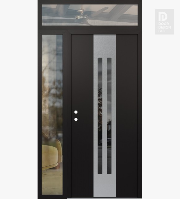 Modern Steel Front Door DIAMOND A8 50" X 96" BLACK/BLACK MIRRORED GLASS PANEL STAINLESS STEEL RHI WITH SIDELITE AND TRANSOM CLEAR GLASS