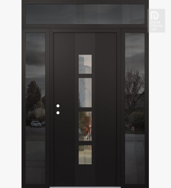 Modern Steel Front Door DIAMOND A10 60" X 96" BLACK/BLACK CLEAR GLASS PANEL BLACK RHI WITH 2 SIDELITES AND TRANSOM MIRRORED GLASS
