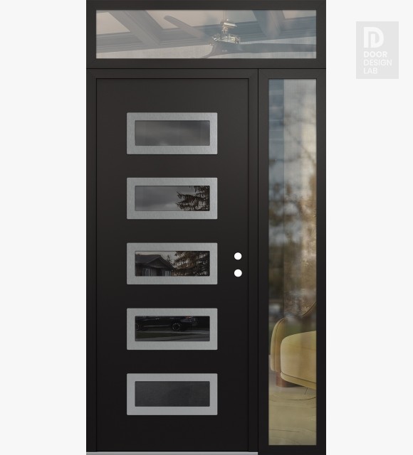 Modern Steel Front Door Diamond D1 48" x 96" black/black mirrored Glass Panel stainless steel LHI with Sidelite and Transom clear Glass