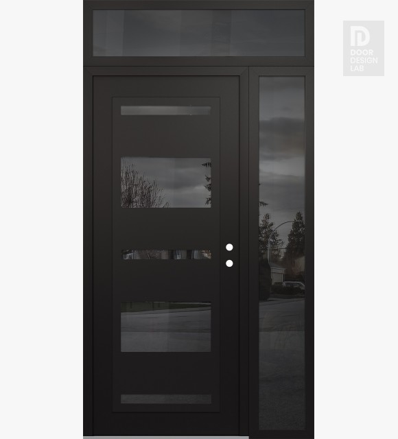 Modern Steel Front Door Diamond C10 52" x 96" black/black mirrored Glass Panel black LHI with Sidelite and Transom mirrored Glass