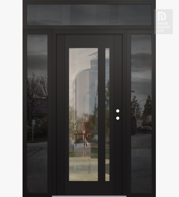 Modern Steel Front Door Diamond C15 64" x 96" black/black clear Glass Panel black LHI with 2 Sidelites and Transom mirrored Glass