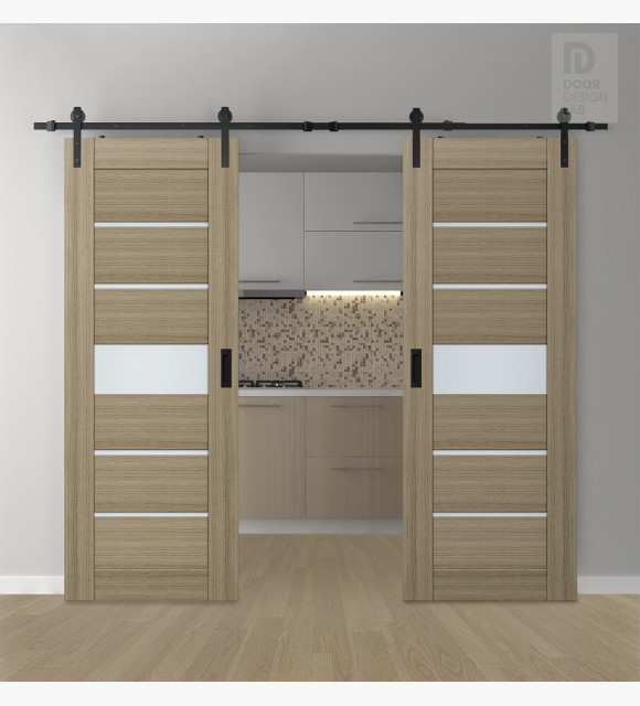 DOUBLE BARN DOOR AVON 07-06 VETRO SHAMBOR 48" X 96" X 1 3/4" BLACK HARDWARE