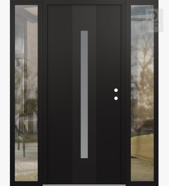 Modern Steel Front Door DIAMOND A2 60" X 80" BLACK/WHITE FROSTED GLASS PANEL BLACK LHI WITH 2 SIDELITES CLEAR GLASS