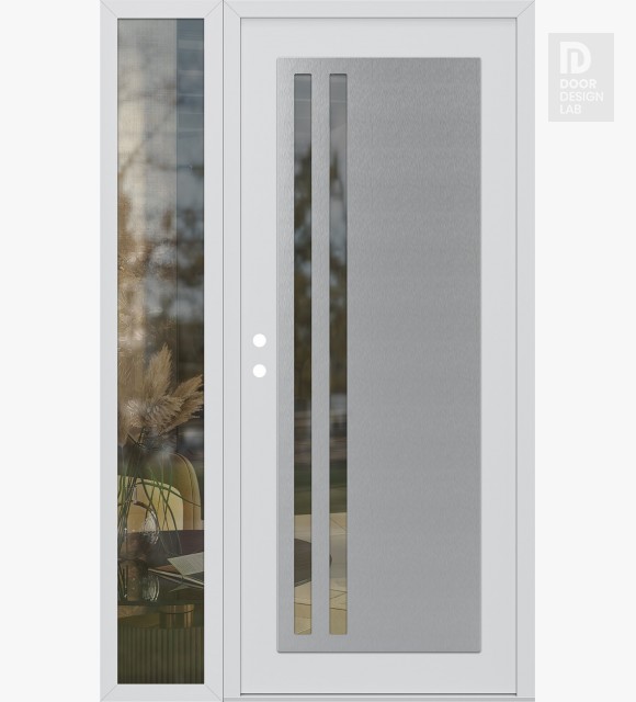 Modern Steel Front Door Diamond C6 48" x 80" white/white clear Glass Panel stainless steel RHI with Sidelite clear Glass
