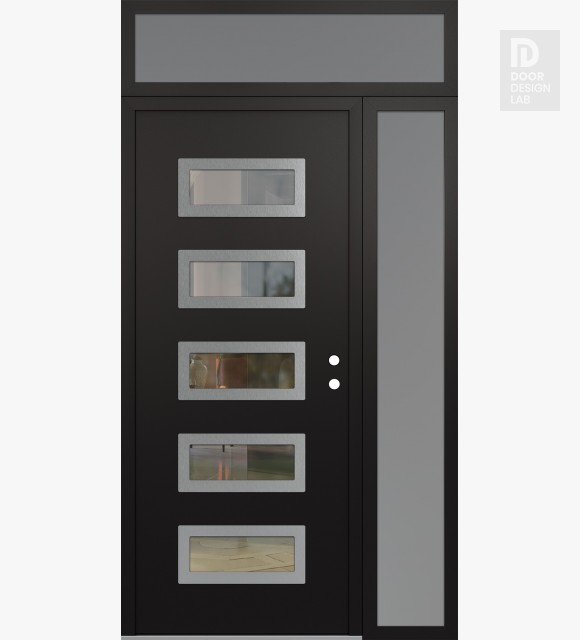 Modern Steel Front Door Diamond D1 52" x 96" black/black clear Glass Panel stainless steel LHI with Sidelite and Transom frosted Glass