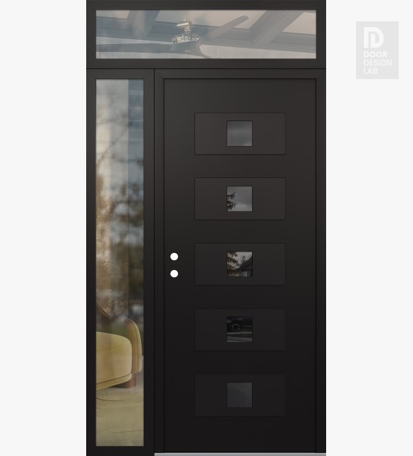 Modern Steel Front Door Diamond D8 50" x 96" black/black mirrored Glass Panel black RHI with Sidelite and Transom clear Glass