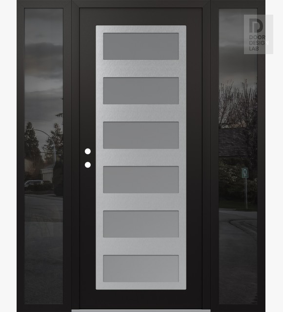 Modern Steel Front Door Diamond C9 60" x 80" black/white frosted Glass Panel stainless steel RHI with 2 Sidelites mirrored Glass